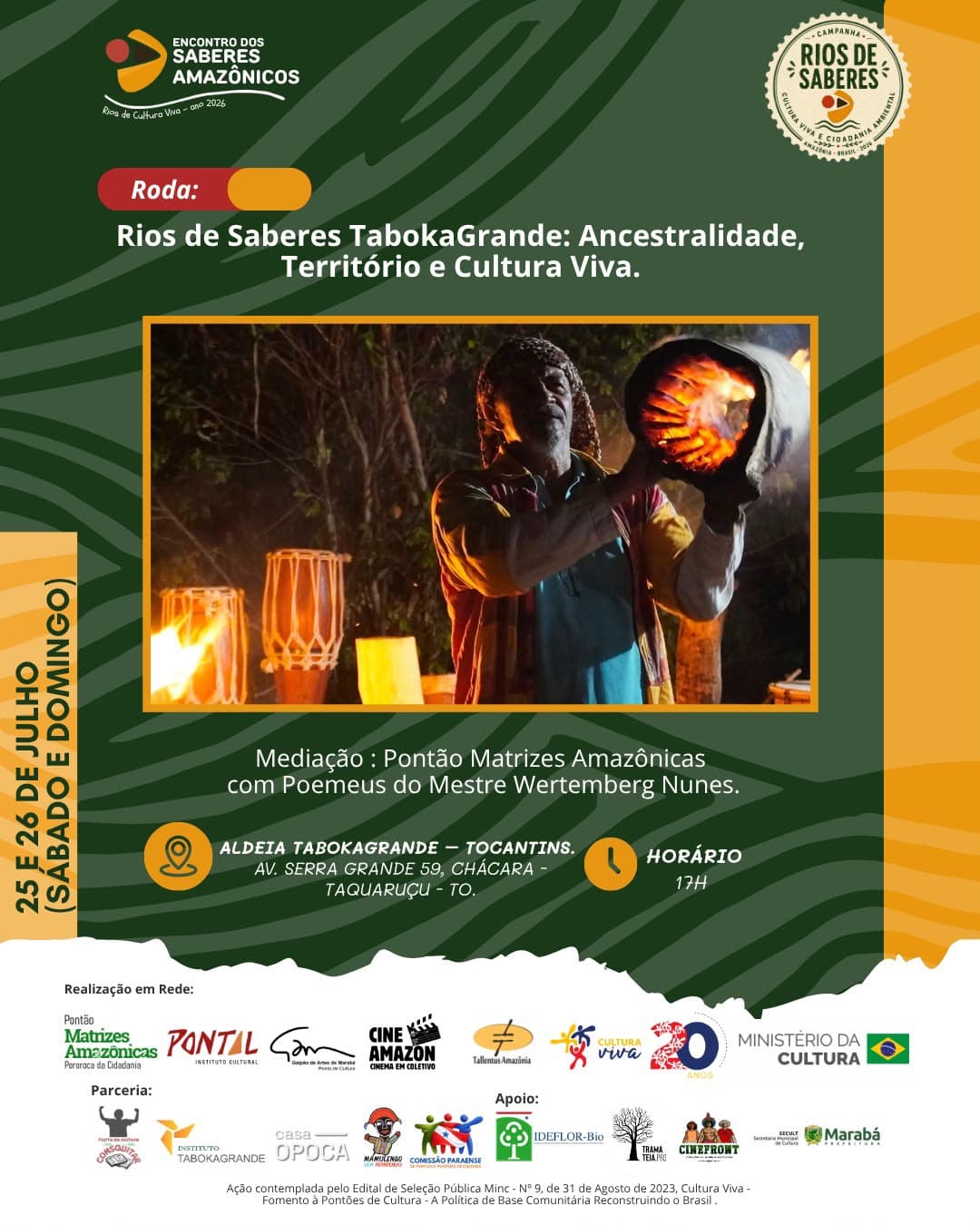 Cartaz da Roda Rios de Saberes TabokaGrande com Mestre Wertemberg Nunes e um tambor em brasa.
