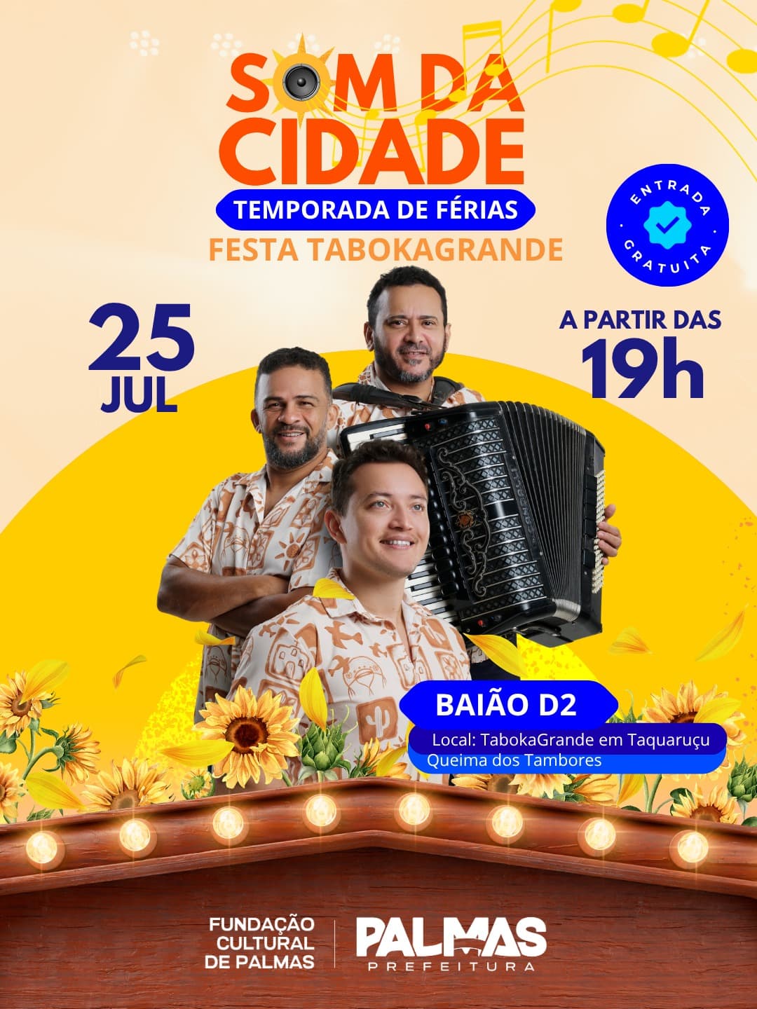 Cartaz do Projeto Som da Cidade — Temporada de Férias com Baião D2 na Festa TabokaGrande, em 25 de julho, a partir das 19h.
